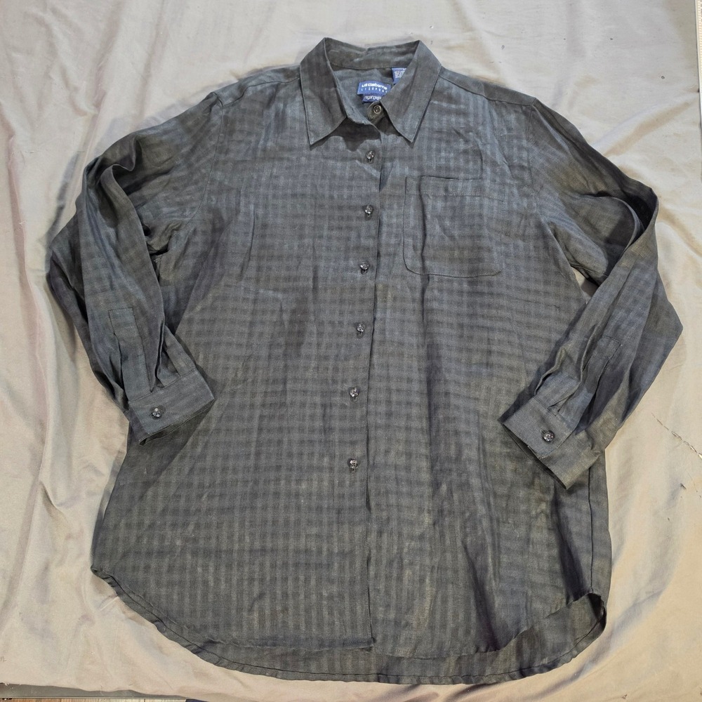 Liz Claiborne Lizsport Irish Linen Button Down Shirt Charcoal Grey Large